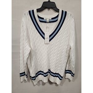 Lilly Pulitzer Brockton Resort White, Bonaire Blue Tippinand Navy V-Neck Sweater